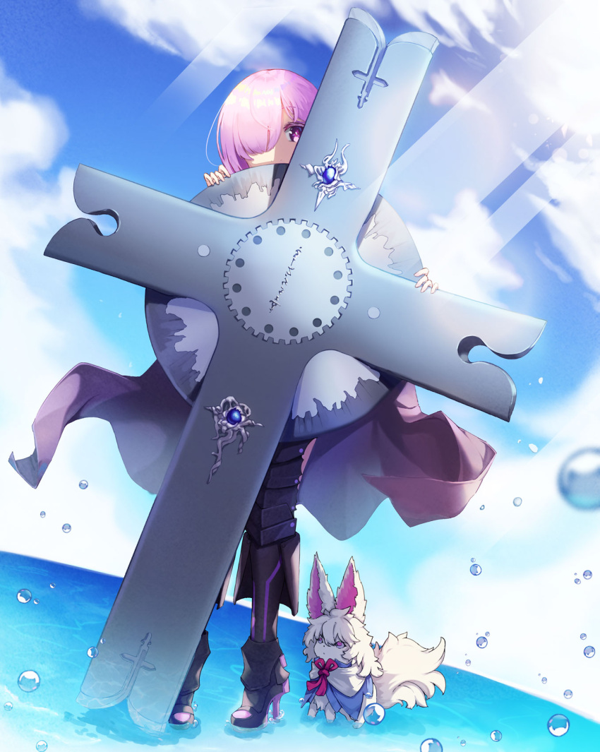 1girl armored_legwear cape commentary cross eyebrows_visible_through_hair fate/grand_order fate_(series) fou_(fate/grand_order) gem hair_over_one_eye highres holding holding_shield looking_at_viewer mash_kyrielight purple_ribbon ribbon sango_30 shield short_hair solo standing violet_eyes