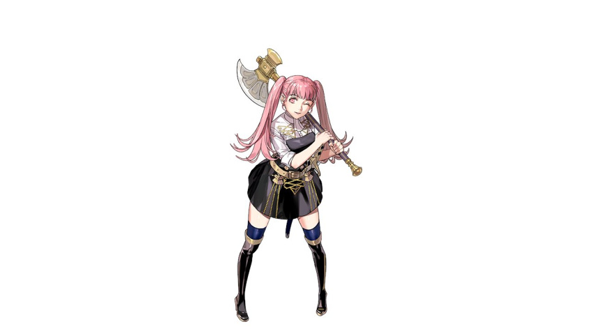 1girl axe commentary english_commentary fire_emblem fire_emblem:_three_houses full_body garreg_mach_monastery_uniform hilda_valentine_goneril holding holding_axe kurahana_chinatsu long_hair long_sleeves official_art one_eye_closed pink_eyes pink_hair simple_background smile solo twintails uniform weapon white_background