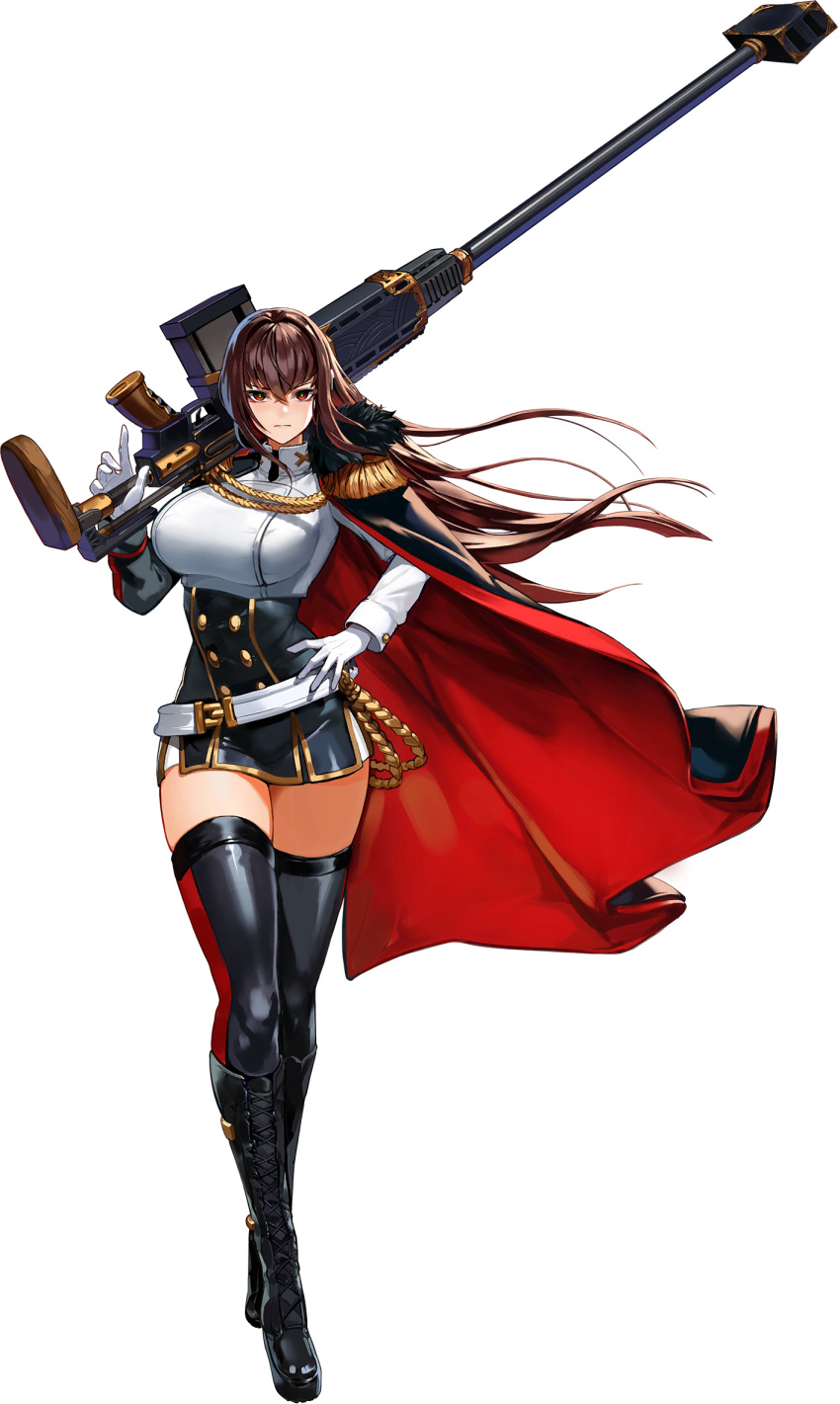 1girl anti-materiel_rifle bangs black_legwear boots breasts brown_eyes brown_hair cape dress epaulettes full_body gloves gun hair_between_eyes highres large_breasts last_origin looking_at_viewer mr.yun rifle royal_arsenal short_dress sniper_rifle solo tachi-e thigh-highs transparent_background weapon white_gloves