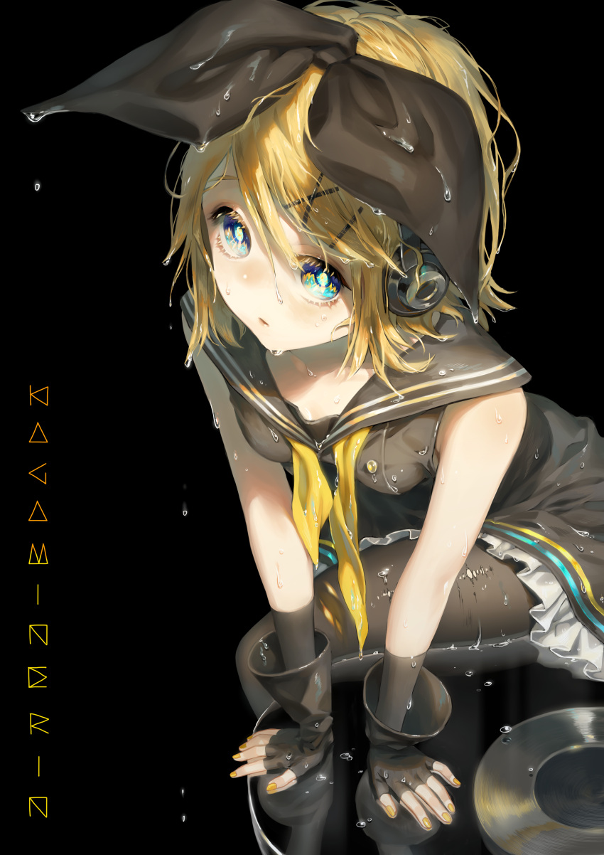 absurdres arm_support bangs black_background black_bow black_collar black_dress black_gloves blonde_hair blue_eyes bow character_name collar commentary dress english_commentary expressionless fingerless_gloves frilled_dress frills gloves hair_bow hair_ornament hairclip headphones highres kagamine_rin korean_commentary leaning_forward light_blush looking_at_viewer mixed-language_commentary nail_polish neckerchief oohhya pantyhose parted_lips record reflection sailor_collar short_hair sitting sleeveless sleeveless_dress swept_bangs vocaloid vocaloid_(sour-type_ver) water_drop wet yellow_nails yellow_neckwear
