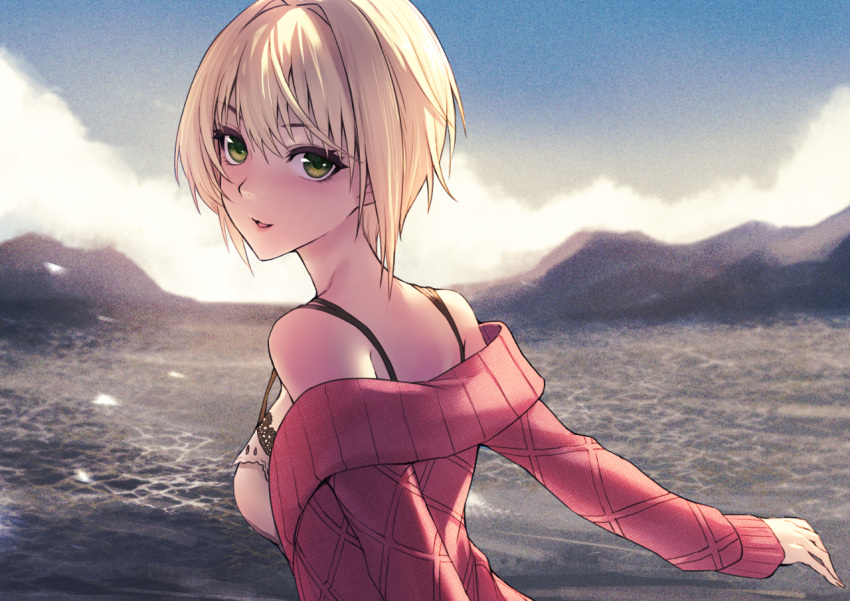 1girl applekun bangs blonde_hair blush breasts camisole clouds commentary_request day from_side green_eyes hair_intakes idolmaster idolmaster_cinderella_girls long_sleeves looking_at_viewer looking_to_the_side miyamoto_frederica mountainous_horizon off-shoulder_sweater off_shoulder outdoors parted_lips red_sweater small_breasts smile solo strap_gap sweater upper_body water