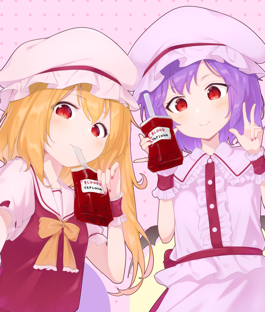 2girls :&gt; arms_up bat_wings blonde_hair blood blood_bag blouse blue_hair blush bubble_tea commentary_request drinking_blood drinking_straw eyebrows_visible_through_hair fingernails flandre_scarlet hat highres kanpa_(campagne_9) mob_cap multiple_girls nail_polish neck_ribbon one_side_up pink_background pink_blouse pink_skirt pinky_out polka_dot polka_dot_background puffy_short_sleeves puffy_sleeves red_eyes red_nails red_skirt red_vest remilia_scarlet ribbon self_shot shirt short_hair short_sleeves siblings sisters skirt skirt_set slit_pupils smile standing touhou upper_body vest w white_shirt wings wrist_cuffs yellow_neckwear