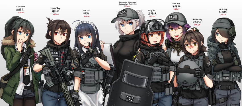 6+girls :d ;d absurdres ahoge aleksandra_morozova apron assault_rifle bangs baseball_cap black_dress black_gloves black_hair black_necktie black_pantyhose black_shirt black_shorts blue_eyes blue_pants breasts brown_eyes brown_gloves brown_hair bullpup candy character_name closed_mouth collared_dress collared_shirt commentary_request crossed_arms dress emily_ko fn_f2000 folded_ponytail food food_in_mouth frilled_apron frills glock gloves goggles goggles_on_head gradient gradient_background green_jacket grey_background grey_gloves grey_headwear gun hair_between_eyes hair_over_one_eye han_yue_ling hand_on_another's_head handgun hat headphones headset height helmet highres holding holding_gun holding_helmet holding_weapon index_finger_raised jacket juliet_lin legwear_under_shorts lisa_yip liu_si_jing lollipop long_hair looking_at_viewer lr-300 maid maid_headdress medium_breasts multiple_girls ndtwofives necktie one_eye_closed open_clothes open_jacket open_mouth original pants pantyhose parted_lips partially_fingerless_gloves ponytail puffy_short_sleeves puffy_sleeves red_eyes revision rifle shirt short_shorts short_sleeves shorts smile suzuya_tang violet_eyes vivian_zhao weapon white_apron white_background white_shirt