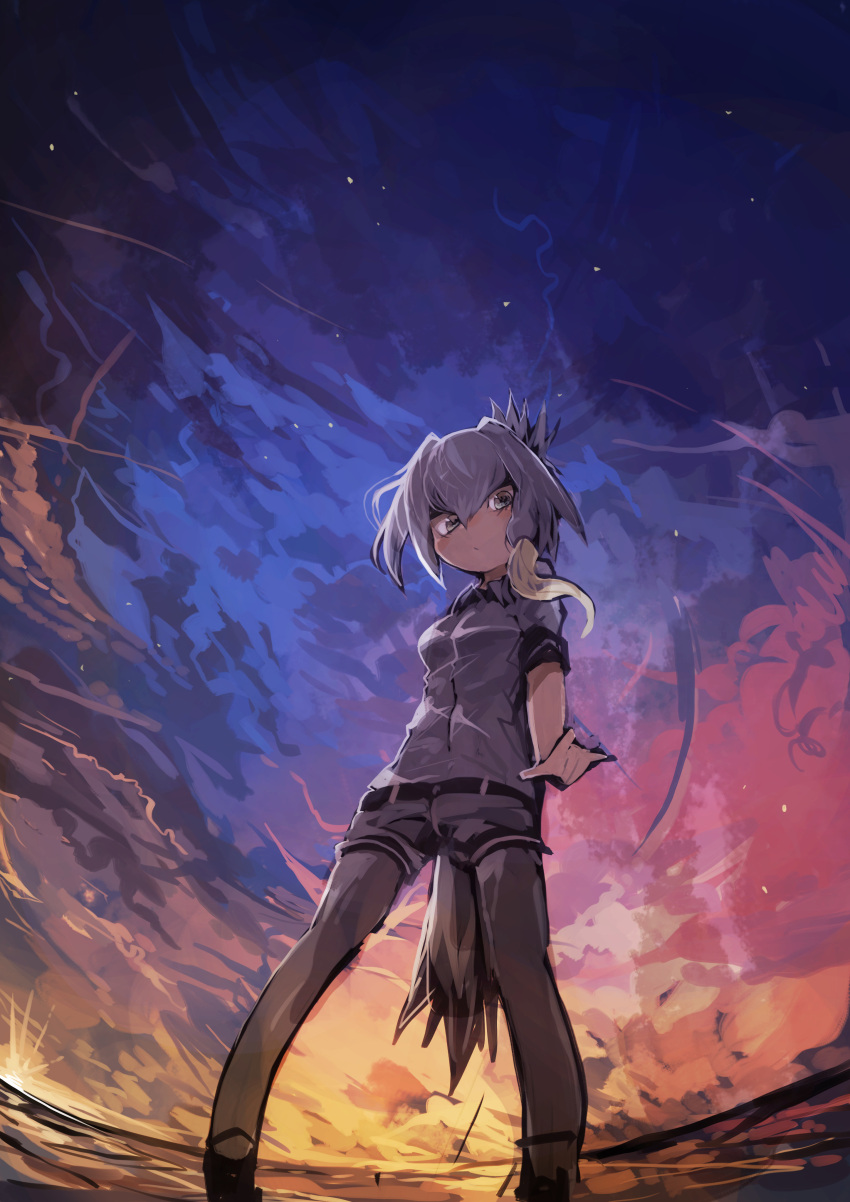 1girl :/ absurdres arm_behind_back asymmetrical_hair bangs bare_arms bird_tail blonde_hair closed_mouth collared_shirt commentary_request fisheye full_body gradient_sky green_eyes grey_hair grey_legwear grey_shirt grey_shorts hair_between_eyes highres kaamin_(mariarose753) kemono_friends legwear_under_shorts long_hair looking_at_viewer multicolored_hair no_gloves no_neckwear outdoors outstretched_arm pantyhose shirt shoebill_(kemono_friends) short_sleeves shorts sky solo standing star_(sky) starry_sky tail twilight two-tone_hair