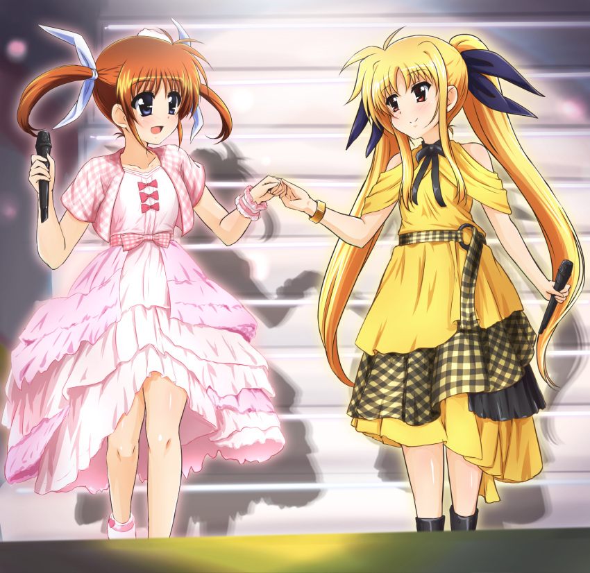 2girls black_bow black_eyes blonde_hair blush bow brown_hair collarbone commentary_request diesel-turbo dress eyebrows_visible_through_hair fate_testarossa flat_chest hair_bow highres holding holding_microphone layered_dress long_hair looking_at_another lyrical_nanoha mahou_shoujo_lyrical_nanoha microphone multiple_girls open_mouth pink_dress red_eyes scrunchie shadow short_hair short_sleeves sidelocks smile takamachi_nanoha twintails white_bow wrist_scrunchie wristband yellow_dress