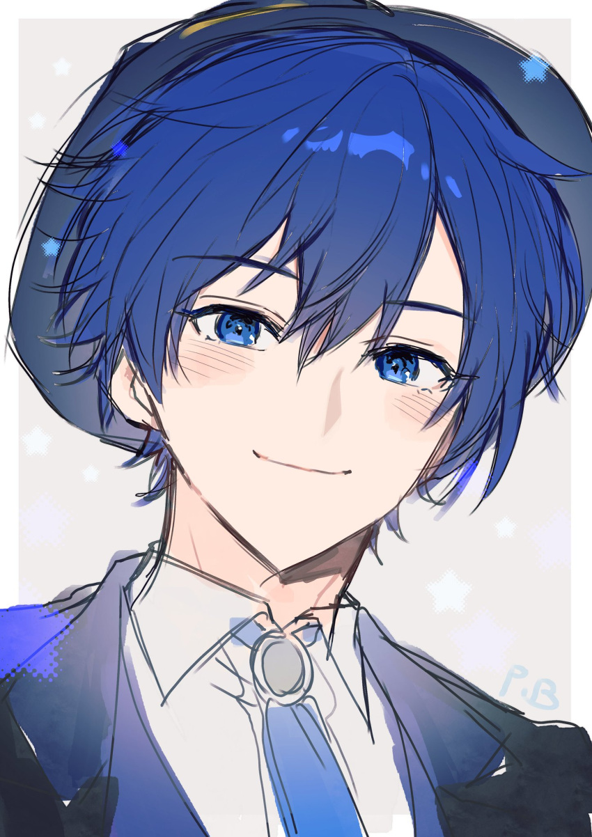 1boy blue_eyes blue_hair blush border closed_mouth collared_shirt hat highres image_sample kaito_(vocaloid) looking_at_viewer necktie panprika project_sekai shirt short_hair solo star_(symbol) twitter_sample upper_body vocaloid white_border