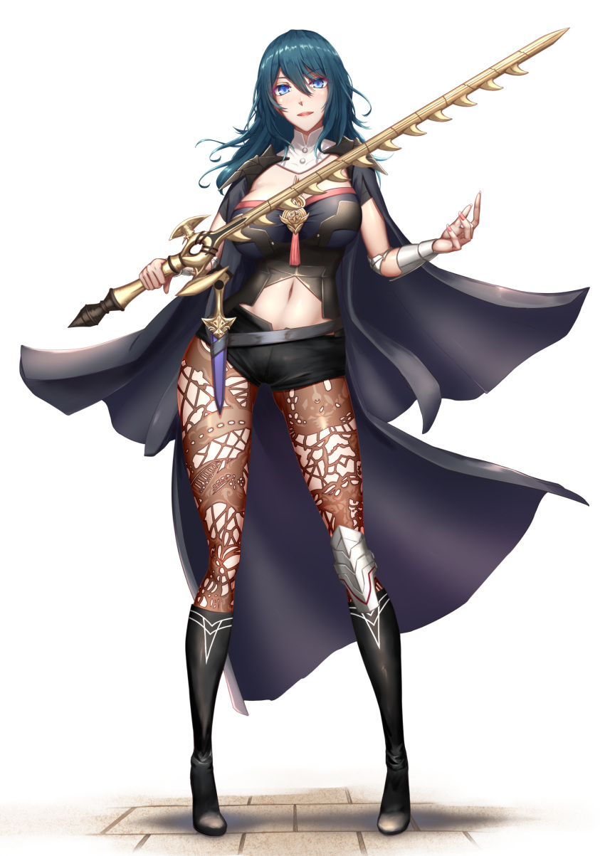 1girl absurdres armor bangs black_armor black_cape black_legwear black_shorts blue_eyes blue_hair blush boots breasts brick_floor byleth_(fire_emblem) byleth_eisner_(female) byleth_eisner_(female) cape cleavage_cutout commentary_request dagger detached_collar emblem eyebrows_visible_through_hair female_my_unit_(fire_emblem:_three_houses) fingernails fire_emblem fire_emblem:_three_houses fire_emblem:_three_houses fire_emblem_16 full_body gauntlets hair_between_eyes highres holding holding_sword holding_weapon intelligent_systems large_breasts long_fingernails long_hair looking_at_viewer my_unit_(fire_emblem:_three_houses) navel navel_cutout nintendo pantyhose parted_lips patterned_clothing red_nails shadow shiroshisu short_shorts shorts shoulder_armor sidelocks simple_background single_knee_pad solo sword sword_of_the_creator weapon white_background wrist_guards