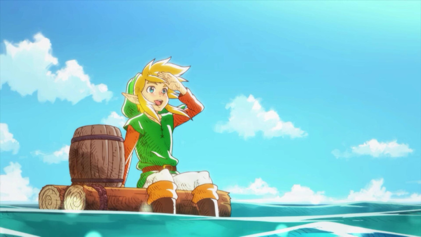 1boy barrel blonde_hair blue_eyes blue_sky boots clouds highres knee_boots leggings link long_sleeves looking_afar lvlv male_focus ocean pointy_ears raft sky smile solo the_legend_of_zelda the_legend_of_zelda:_link's_awakening tunic water white_legwear