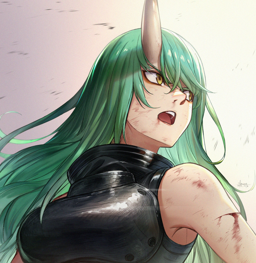 1girl absurdres anson_(13686564308) arknights bangs bare_shoulders blood blood_from_mouth blurry breasts cuts dated green_hair grey_background highres horn hoshiguma_(arknights) injury large_breasts lipstick long_hair looking_away looking_back makeup oni_horns open_mouth scratches signature sleeveless solo turtleneck upper_body yellow_eyes