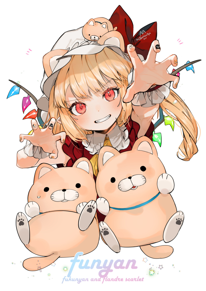 1girl animal animal_on_head artist_name ascot bangs blush bow cat character_name claw_pose commentary crystal eyebrows_visible_through_hair flandre_scarlet frilled_shirt_collar frills gotoh510 grin hat hat_bow head_tilt highres long_hair looking_at_viewer mob_cap nail_art on_head red_bow side_ponytail signature simple_background smile touhou v-shaped_eyebrows white_background white_headwear wings wrist_cuffs yellow_neckwear
