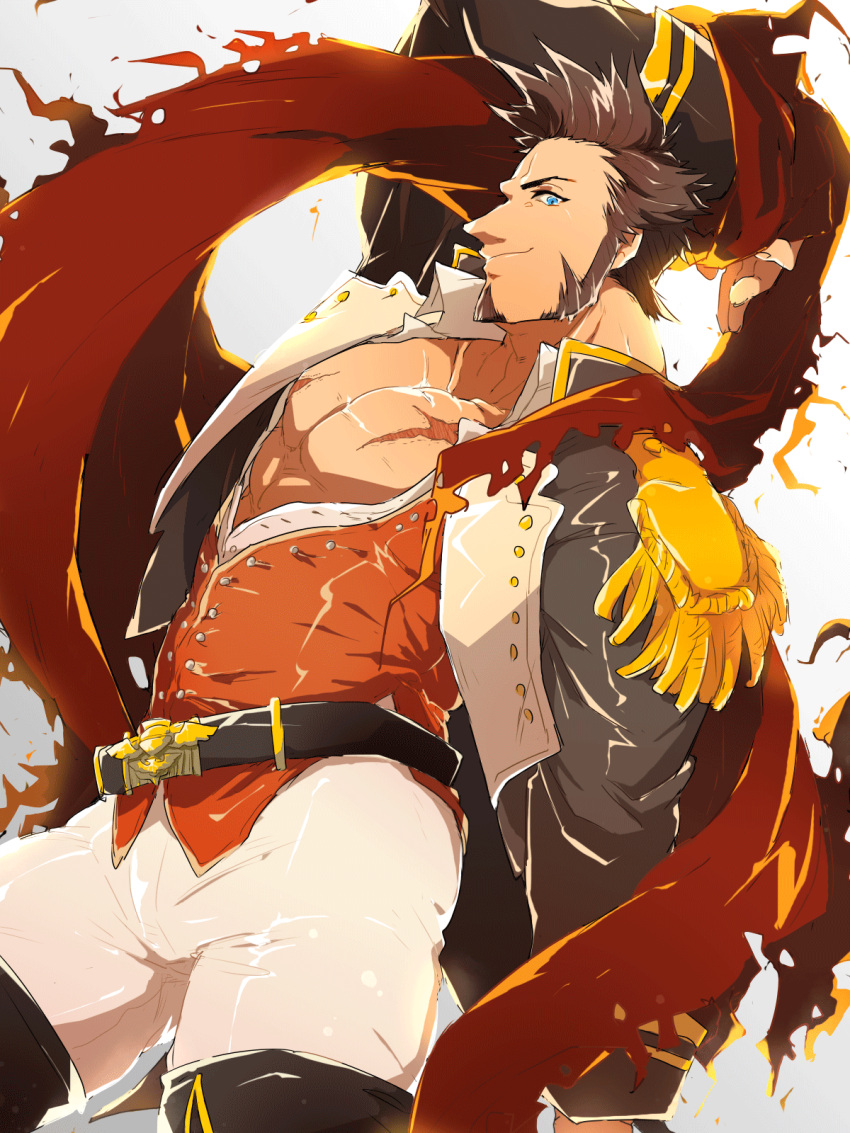 1boy abs beard blue_eyes brown_hair chest epaulettes facial_hair fate/grand_order fate_(series) highres long_sleeves looking_at_viewer male_focus military military_uniform muscle napoleon_bonaparte_(fate/grand_order) open_clothes pants pectorals pureagain scar simple_background smile solo uniform