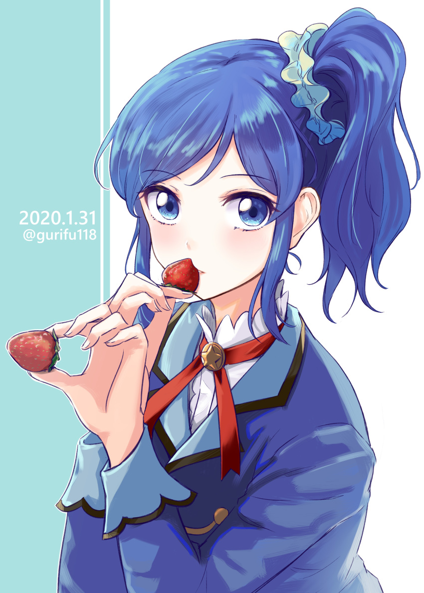 1girl absurdres aikatsu! aikatsu!_(series) aqua_background bangs blue_eyes blue_hair blue_jacket blue_scrunchie commentary_request dated eyebrows_visible_through_hair food fruit gurifu hair_ornament hair_scrunchie hand_to_own_mouth hands_up high_ponytail highres holding holding_food jacket kiriya_aoi long_sleeves looking_at_viewer parted_lips scrunchie shirt side_ponytail solo starlight_academy_uniform strawberry swept_bangs twitter_username two-tone_background upper_body white_background white_shirt