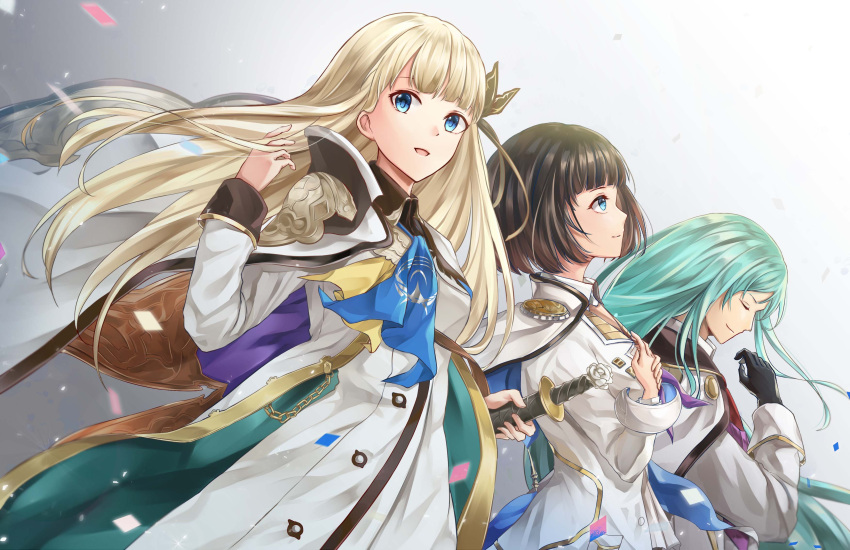 1boy 2girls absurdres another_eden bangs black_gloves blonde_hair blue_eyes brown_hair closed_eyes commentary gloves highres holding holding_sword holding_weapon jacket long_hair long_sleeves looking_at_viewer multiple_girls open_mouth short_hair silver_hair slime_(user_jpds8754) smile sword uniform weapon white_jacket