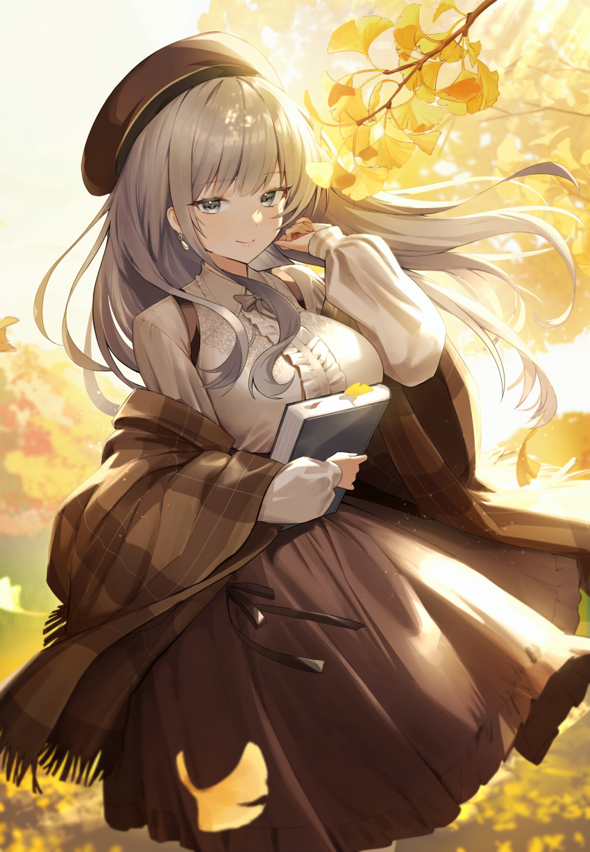 1girl absurdres autumn beret book breasts brown_headwear center_frills closed_mouth frills ginkgo grey_eyes grey_hair hat highres holding holding_book large_breasts long_hair long_sleeves looking_at_viewer mashilemo original outdoors smile solo wind