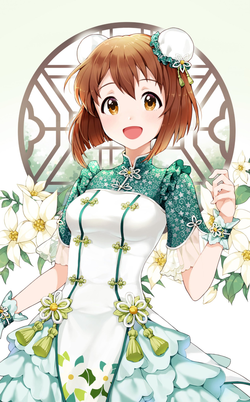 1girl :d absurdres bangs breasts brown_eyes brown_hair bun_cover chinese_clothes commentary_request cowboy_shot double_bun dress eyebrows_visible_through_hair floral_background floral_print flower frilled_dress frills gradient gradient_background green_background green_dress hagiwara_yukiho hair_between_eyes hand_up high_collar highres idolmaster idolmaster_(classic) idolmaster_million_live! idolmaster_million_live!_theater_days korean_commentary layered_dress lily_(flower) looking_at_viewer medium_breasts open_mouth pinkiepies2 print_dress round_window see-through short_hair short_sleeves smile solo standing tassel white_background white_dress white_flower window wrist_cuffs