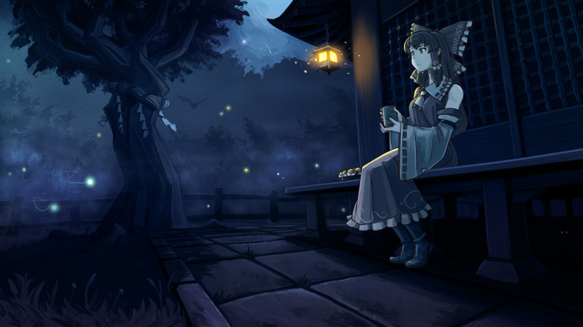 1girl absurdres ascot bench bird boots bow cup detached_sleeves expressionless fireflies food food_request frilled_skirt frills glowing glowing_eyes hair_bow hair_tubes hakurei_reimu highres holding holding_cup lantern night night_sky outdoors rope shimenawa sitting sitting_on_bench skirt sky solo touhou tree u-joe