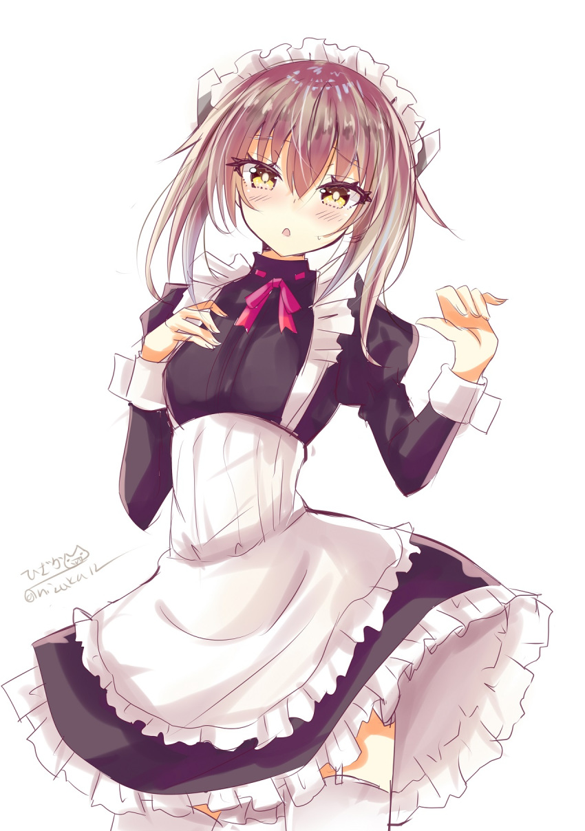1girl alternate_costume apron black_dress blush brown_eyes brown_hair dress frills headgear highres hizaka kantai_collection long_dress long_sleeves looking_at_viewer maid maid_apron maid_headdress open_mouth simple_background solo taihou_(kantai_collection) thigh-highs twitter_username white_legwear