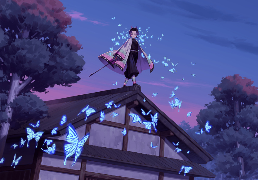 1girl :d black_hair black_jacket black_pants bug butterfly butterfly_hair_ornament evening full_body gradient_hair hair_ornament haori holding holding_sword holding_weapon insect jacket japanese_clothes katana kimetsu_no_yaiba kochou_shinobu long_sleeves looking_at_viewer multicolored_hair open_mouth outdoors pants purple_hair short_hair smile solo standing sword tree weapon yusheng