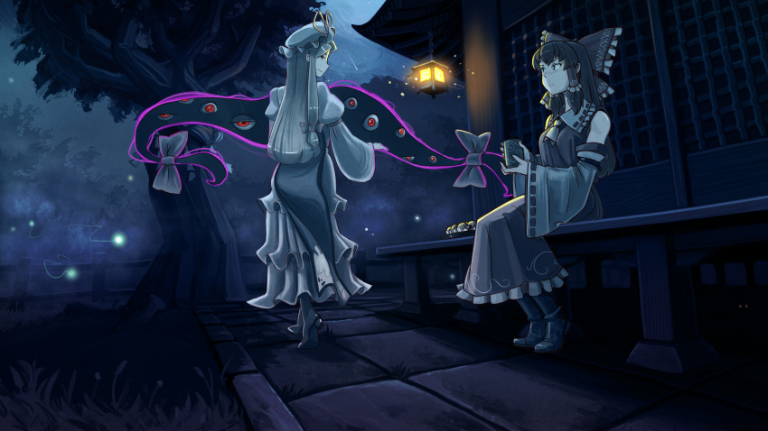 2girls absurdres annoyed ascot bench bird boots bow cup detached_sleeves fireflies food food_request frilled_skirt frills from_behind glowing glowing_eyes hair_bow hair_tubes hakurei_reimu hat highres holding holding_cup lantern long_hair looking_at_viewer mob_cap multiple_girls night night_sky outdoors rope shimenawa sitting sitting_on_bench skirt sky smile smug solo tabard touhou tree u-joe