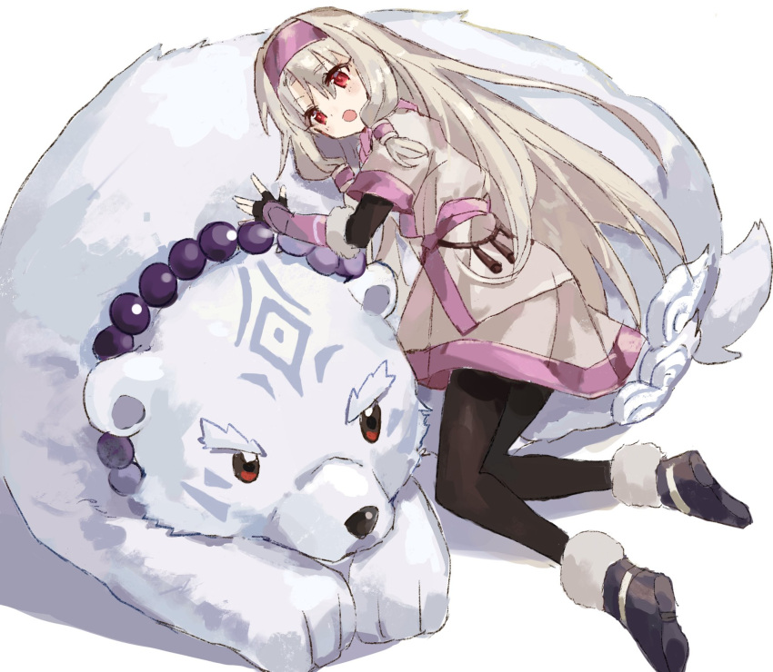 1girl :d ainu_clothes bead_necklace beads bear black_legwear commentary fate/grand_order fate_(series) fingerless_gloves full_body gloves grey_hair hair_tubes headband highres illyasviel_von_einzbern jewelry long_hair lying_on_another namiharuru necklace open_mouth pantyhose polar_bear red_eyes simple_background sitonai smile very_long_hair white_background