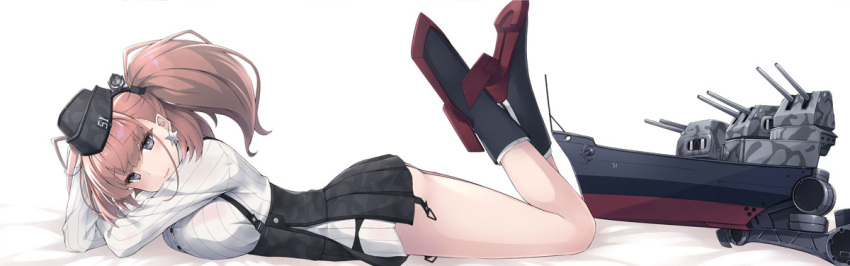 1girl anchor_hair_ornament ass atlanta_(kantai_collection) atlanta_(kantai_collection)_(cosplay) black_footwear black_headwear black_skirt blush boots breasts brown_hair commentary_request cosplay dakimakura dress_shirt earrings eyebrows_visible_through_hair from_side full_body garrison_cap garter_straps gloves grey_eyes hair_ornament hat high-waist_skirt jewelry kantai_collection kochipu large_breasts long_hair long_sleeves looking_at_viewer lying machinery on_stomach partly_fingerless_gloves rigging rudder_footwear shirt simple_background skirt smile solo star star_earrings suspender_skirt suspenders turret two_side_up white_background white_gloves white_shirt