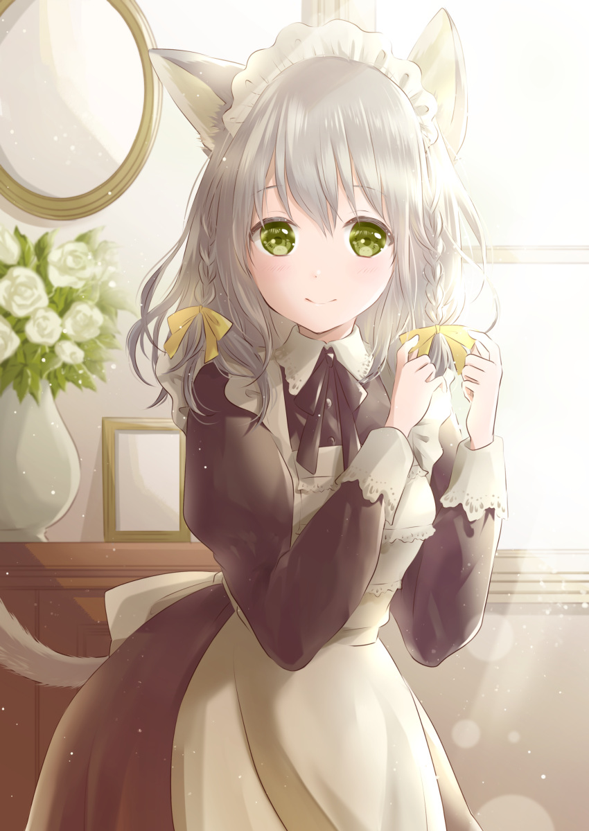 1girl absurdres animal_ears apron arms_up black_neckwear braid cat_ears cat_girl cat_tail cowboy_shot flower green_eyes hair_between_eyes hair_ribbon highres holding holding_ribbon hoshiibara_mato indoors juliet_sleeves light_particles light_rays long_sleeves looking_at_viewer maid maid_apron maid_headdress medium_hair mirror neck_ribbon original picture_frame puffy_sleeves ribbon rose silver_hair smile solo standing sunbeam sunlight tail twin_braids vase white_flower white_rose window