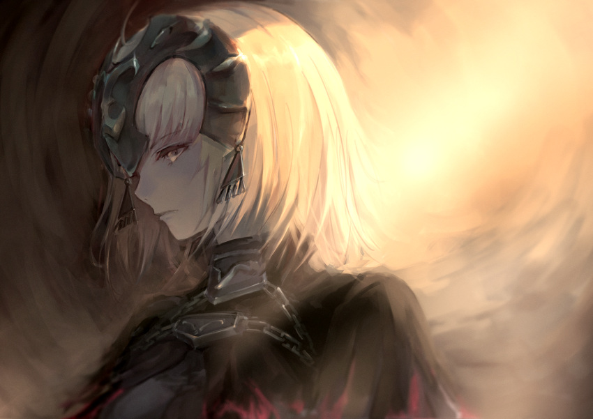 1girl bangs blonde_hair commentary_request fate/grand_order fate_(series) from_side headpiece highres jeanne_d'arc_(alter)_(fate) jeanne_d'arc_(fate)_(all) portrait profile rmd short_hair solo yellow_eyes