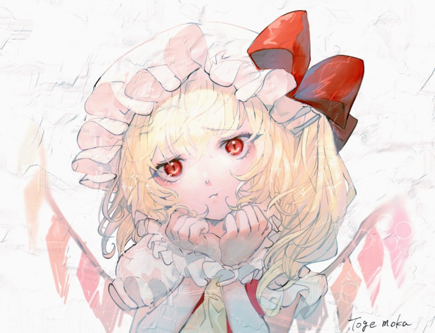 1girl artist_name blonde_hair commentary_request eyebrows_visible_through_hair flandre_scarlet frown hand_on_own_chin hat hat_ribbon head_tilt looking_at_viewer mob_cap mochacot one_side_up pout puffy_short_sleeves puffy_sleeves red_eyes red_vest ribbon shirt short_hair short_sleeves solo symbol_commentary texture touhou upper_body vest white_background white_headwear white_shirt wings wrist_cuffs yellow_neckwear