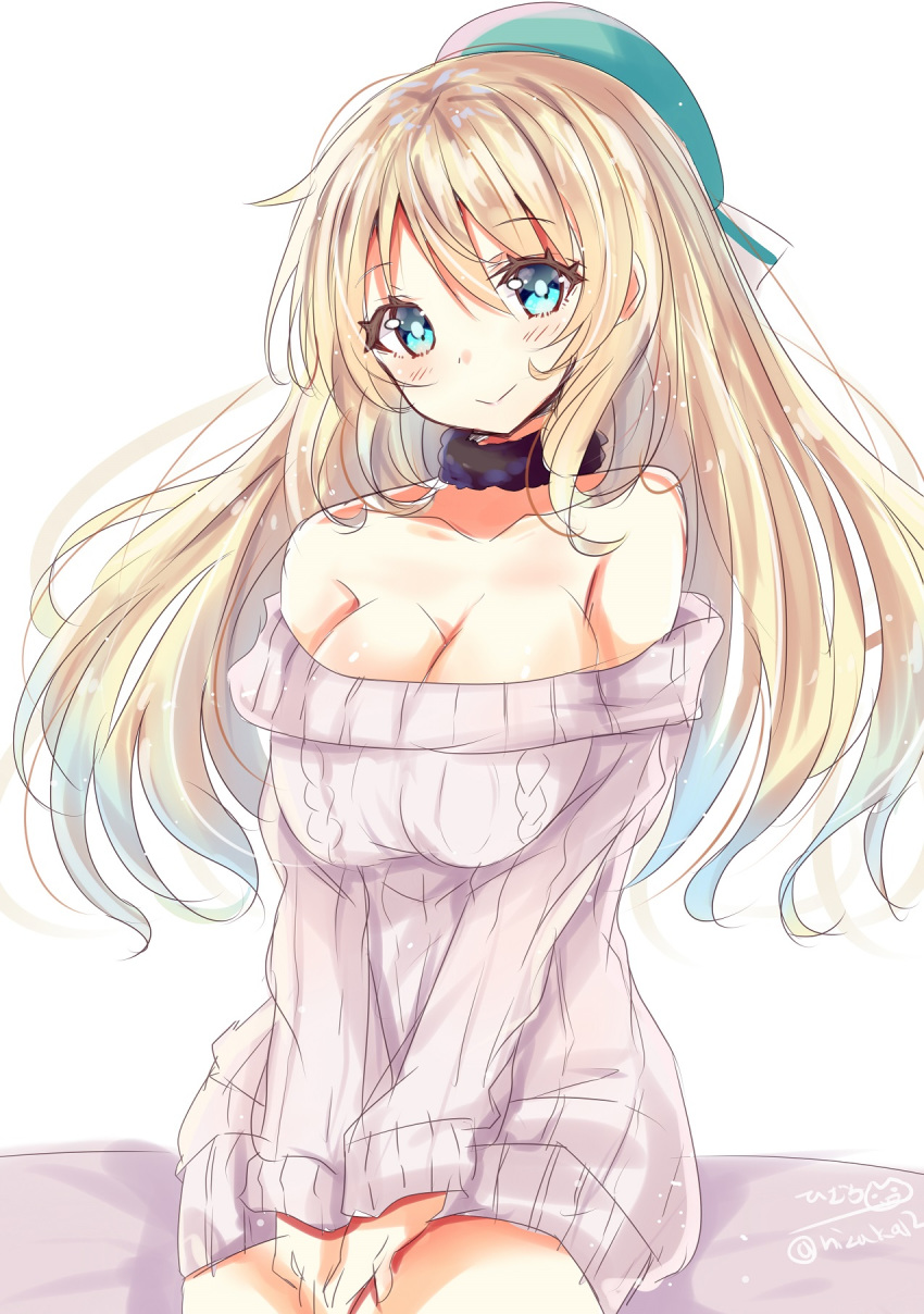 1girl atago_(kantai_collection) bare_shoulders beret blonde_hair blue_eyes blue_headwear blush breasts dress eyebrows_visible_through_hair hat highres hizaka kantai_collection large_breasts long_hair looking_at_viewer ribbed_sweater short_dress simple_background sitting smile solo sweater sweater_dress twitter_username