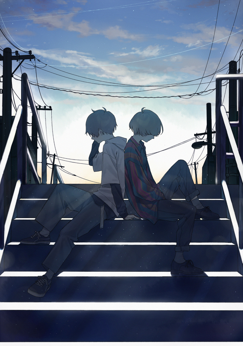 2boys aiko_(aiko_54) back-to-back brown_hair eve_(niconico) highres long_sleeves male_focus multiple_boys niconico official_art shirt shoes sneakers sou_(niconico) stairs t-shirt