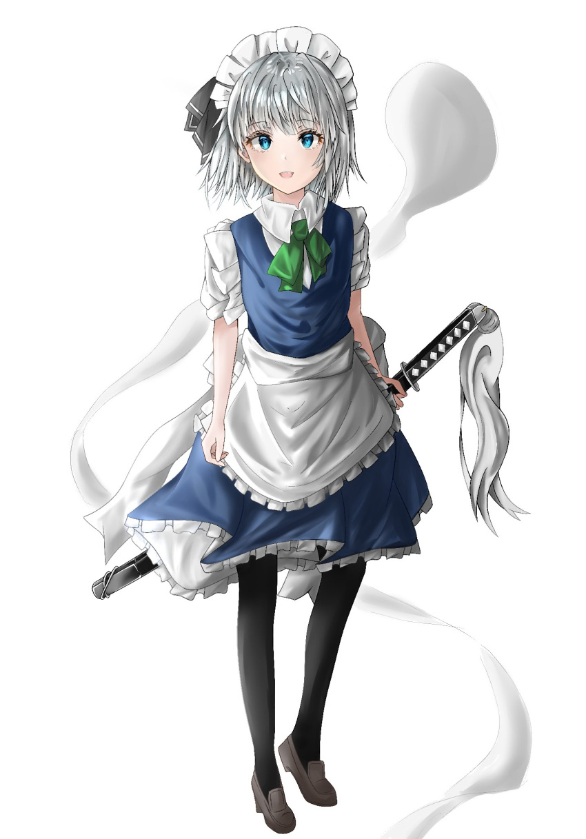 1girl :d alternate_costume apron bangs black_legwear black_ribbon blue_dress blue_eyes commentary_request cosplay dress enmaided eyebrows_visible_through_hair frilled_apron frills full_body green_neckwear green_ribbon grey_footwear hair_ribbon highres hitodama holding holding_sword holding_weapon izayoi_sakuya izayoi_sakuya_(cosplay) katana konpaku_youmu konpaku_youmu_(ghost) loafers looking_at_viewer maid maid_apron maid_headdress neck_ribbon open_mouth pantyhose petticoat ribbon scabbard sheath sheathed shirt shoes short_dress short_hair short_sleeves silver_hair simple_background smile solo standing sword touhou tsukino_(tukino_0329) waist_apron weapon white_apron white_background white_shirt