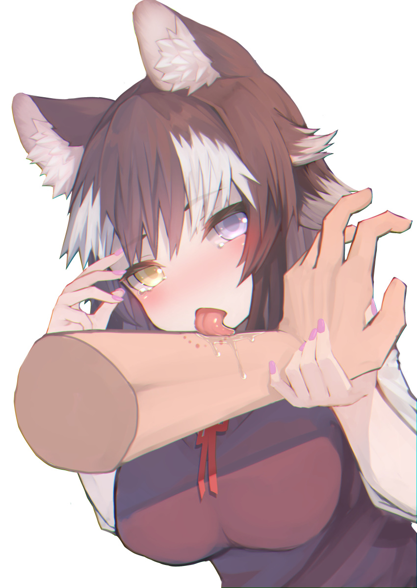 1girl absurdres animal_ear_fluff animal_ears bangs bite_mark blue_eyes brown_hair disembodied_limb fingernails grey_hair grey_wolf_(kemono_friends) hands_up heterochromia highres kemono_friends licking long_hair multicolored_hair nail_polish neck_ribbon purple_nails ribbon saliva simple_background solo_focus st.takuma sweater_vest tearing_up tongue tongue_out two-tone_hair upper_body white_background wolf_ears yellow_eyes
