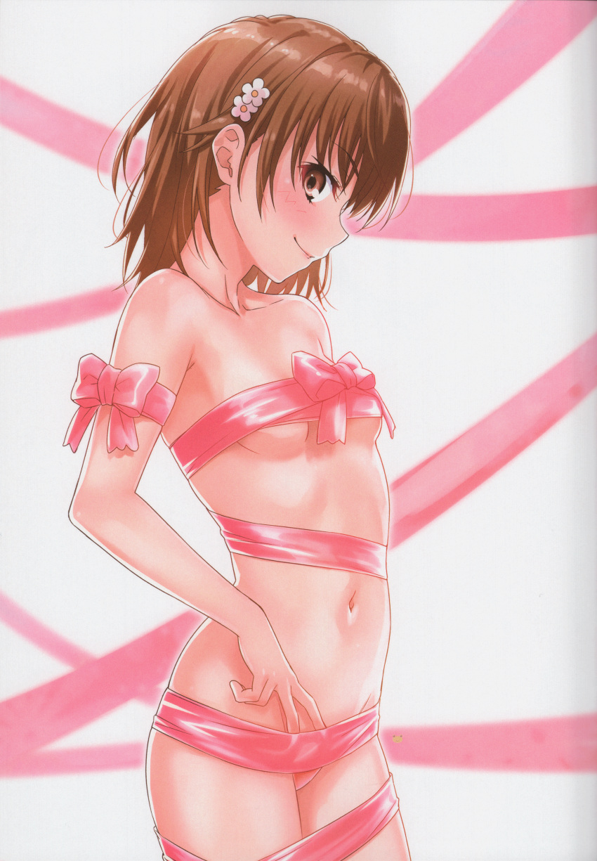 1girl absurdres arm_ribbon bangs blush bow breasts brown_eyes closed_mouth collarbone eyebrows_visible_through_hair flower from_side hair_flower hair_ornament highres huge_filesize looking_at_viewer looking_to_the_side military military_uniform misaka_mikoto naked_ribbon navel pink_bow profile puma_(hyuma1219) ribbon scan short_hair sideways_glance small_breasts smile solo stomach to_aru_kagaku_no_railgun to_aru_majutsu_no_index twitter_username under_boob uniform upper_body white_flower