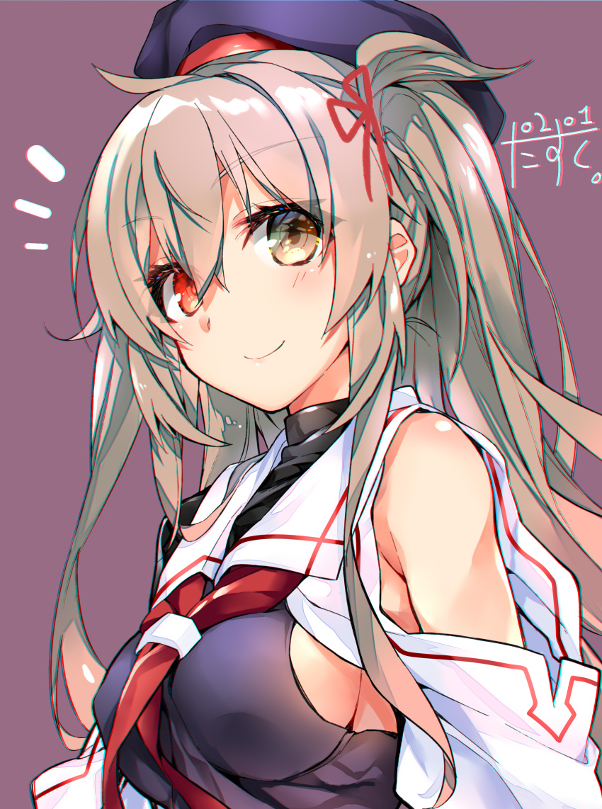 1girl absurdres asymmetrical_clothes beret black_serafuku breasts brown_eyes dated hat heterochromia highres kantai_collection light_brown_hair long_hair medium_breasts murasame_(kantai_collection) narumiya_(empty_cafe) neckerchief red_eyes remodel_(kantai_collection) school_uniform serafuku sideboob smile twintails two_side_up upper_body