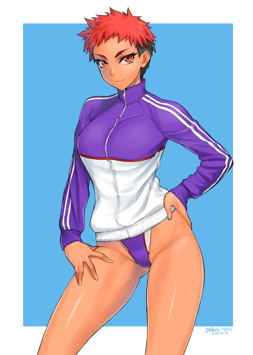 1girl artist_name bang-you black_hair blue_background commentary_request competition_swimsuit contrapposto cowboy_shot dated hand_on_hip highleg highleg_swimsuit highres jacket looking_at_viewer multicolored_hair one-piece_swimsuit original purple_swimsuit red_eyes redhead solo swimsuit swimsuit_under_clothes tan track_jacket two-tone_background two-tone_hair two-tone_jacket white_background