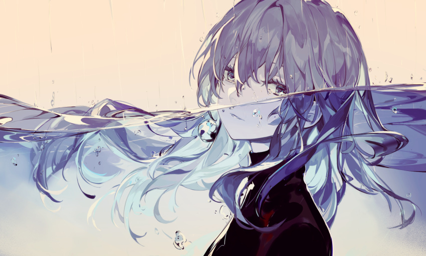 1girl bangs commentary_request eyelashes from_side grey_hair head_tilt highres light_smile long_hair original parted_lips partially_submerged partially_underwater_shot portrait rain saberiii sad solo tears turtleneck water wet wet_hair