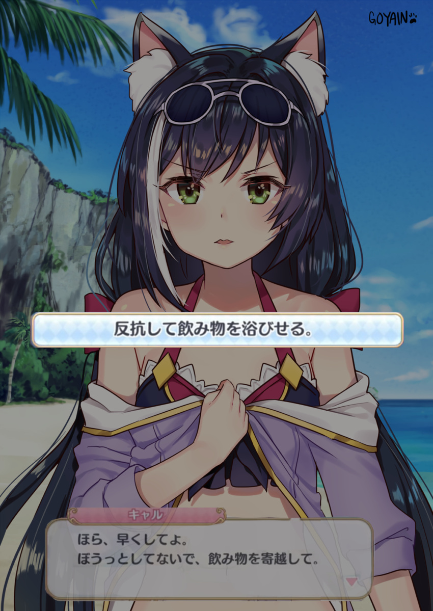 1girl animal_ear_fluff animal_ears artist_name bare_shoulders bikini bikini_under_clothes black_bikini black_hair blue_sky bow cat_ears cliff clouds collarbone commentary_request day dialogue_box eyewear_on_head goyain green_eyes hair_bow highres horizon jacket kyaru_(princess_connect) long_hair long_sleeves looking_at_viewer multicolored_hair ocean off_shoulder outdoors palm_tree parted_lips princess_connect! princess_connect!_re:dive purple_jacket red_bow signature sky solo streaked_hair sunglasses swimsuit translation_request tree upper_body very_long_hair water white-framed_eyewear white_hair