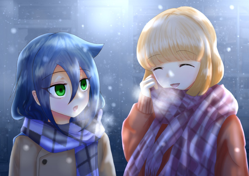 2girls blush closed_eyes coat highres kuroki_tomoko long_hair maromi_moko0702 multiple_girls naruse_yuu scarf short_hair smile snow watashi_ga_motenai_no_wa_dou_kangaetemo_omaera_ga_warui!