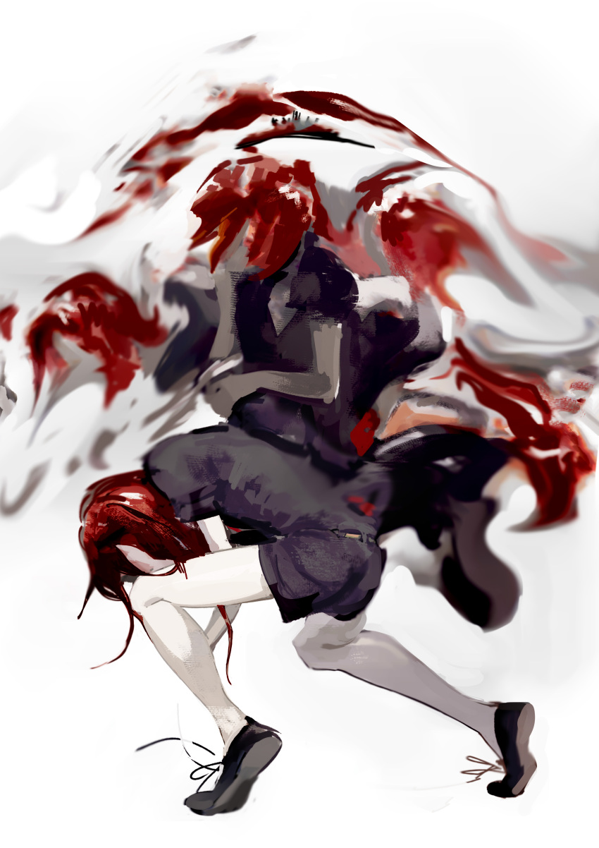 1other abstract absurdres agaerror22 belt black_clothes black_footwear black_shorts commentary_request from_side gem_uniform_(houseki_no_kuni) highres houseki_no_kuni long_hair pale_skin redhead shinsha_(houseki_no_kuni) shoelaces shoes short_sleeves shorts simple_background solo standing white_skin