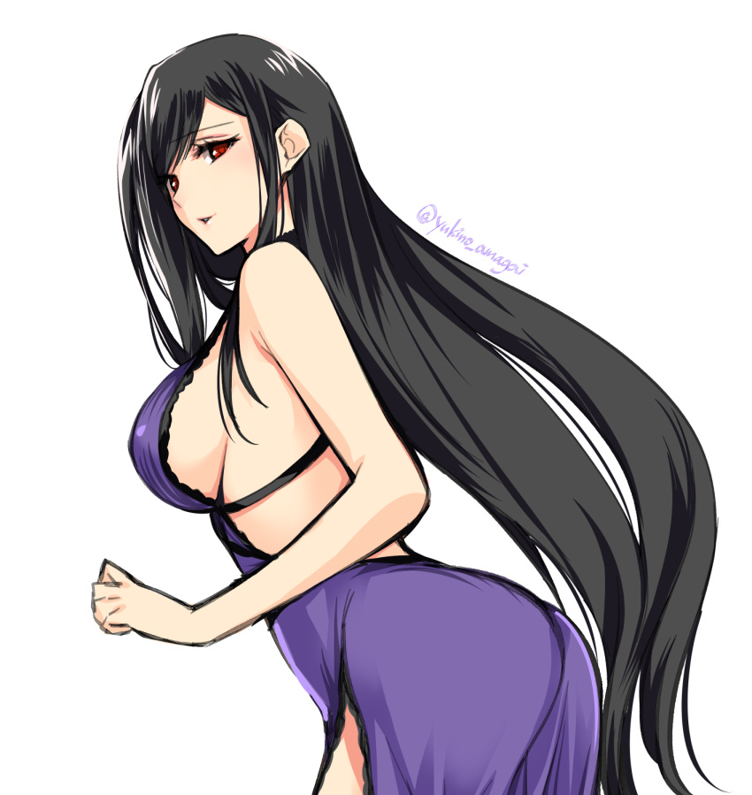 1girl bare_shoulders black_hair breasts commentary_request dress final_fantasy final_fantasy_vii final_fantasy_vii_remake from_side highres large_breasts long_hair looking_at_viewer parted_lips purple_dress red_eyes side_slit sideboob tifa_lockhart very_long_hair yukino_amagai