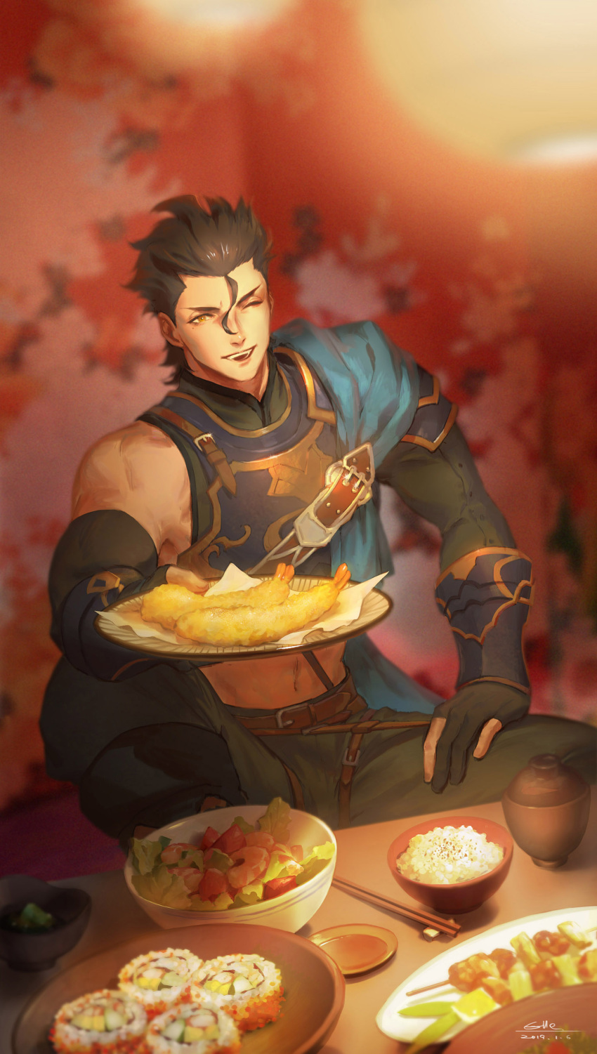 1boy absurdres ahoge black_hair bowl chopsticks diarmuid_ua_duibhne_(fate/grand_order) dish elbow_gloves fate/grand_order fate/zero fate_(series) food gloves highres holding holding_plate looking_at_viewer lost_elle making-of_available male_focus midriff mole mole_under_eye offering one_eye_closed plate rice_bowl salad shrimp shrimp_tempura sitting solo sushi table tempura
