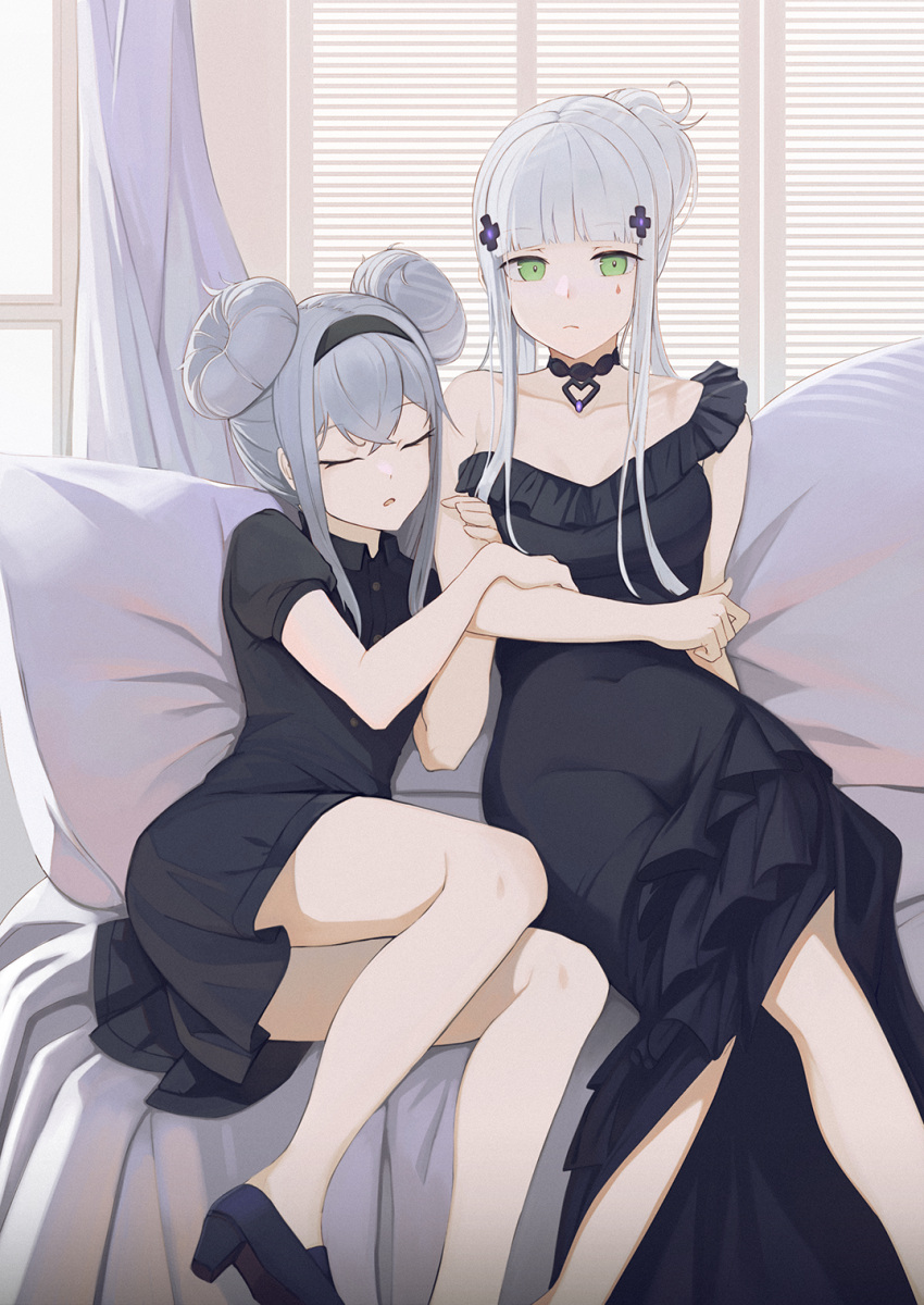 2girls anizi_(anizi9621) bangs bare_shoulders black_dress black_footwear breasts closed_eyes collarbone commentary_request covered_navel dress eyebrows_visible_through_hair g11_(girls_frontline) girls_frontline green_eyes grey_hair hair_between_eyes hair_ornament highres hk416_(girls_frontline) long_hair looking_at_viewer lying medium_breasts multiple_girls on_side shoes short_sleeves silver_hair sitting sleeveless sleeveless_dress