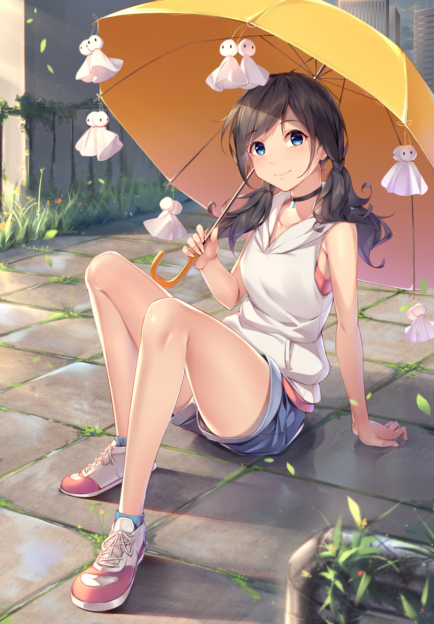 1girl absurdres amano_hina_(tenki_no_ko) arm_support bangs blue_eyes blue_legwear blue_shorts blurry blurry_background brown_hair choker closed_mouth collarbone day full_body highres holding holding_umbrella hood hood_down hooded_vest long_hair looking_at_viewer outdoors red_shirt sgt-jz shiny shiny_hair shirt shoes short_shorts shorts sitting sleeveless sleeveless_shirt smile sneakers socks solo sunlight swept_bangs tenki_no_ko umbrella vest white_vest yellow_umbrella