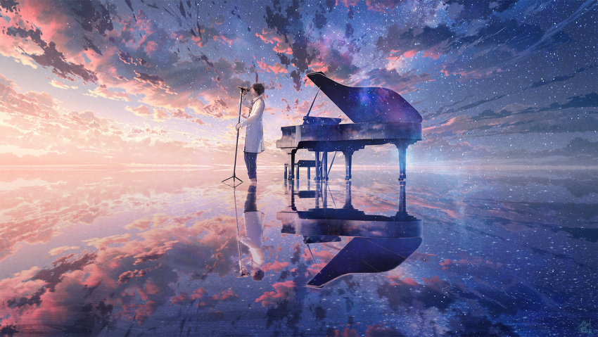 1boy black_hair blue_pants clouds cloudy_sky commentary_request from_side grand_piano hand_up highres holding holding_microphone horizon instrument jacket long_sleeves male_focus microphone microphone_stand mocha_(cotton) original pants piano piano_bench reflection scenery shallow_water sky solo standing star_(sky) starry_sky sunset wading water white_jacket wide_shot