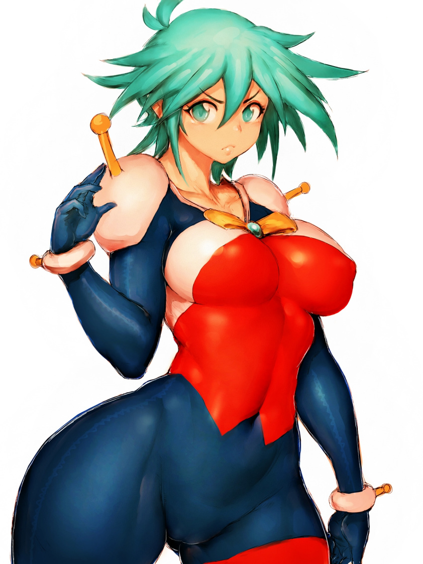 1girl allenby_beardsley bodysuit breasts collarbone covered_nipples fumio_(rsqkr) g_gundam green_eyes green_hair gundam highres lips looking_at_viewer medium_breasts mobile_trace_suit short_hair simple_background solo standing thick_thighs thighs white_background wide_hips