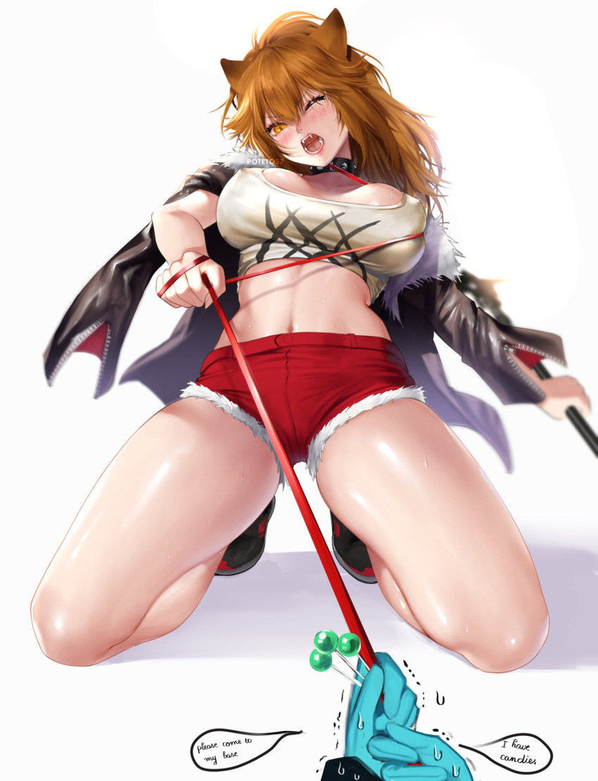1girl animal_ears arknights artist_name black_jacket blush breasts breasts_apart candy collar commentary covered_nipples cutoffs english_text eyebrows_visible_through_hair fangs food full_body fur-trimmed_jacket fur-trimmed_shorts fur_trim head_tilt highres jacket jacket_on_shoulders large_breasts leash lion_ears lollipop long_hair long_sleeves looking_at_viewer micro_shorts midriff navel one_eye_closed open_mouth orange_eyes orange_hair potetos7 pov pov_hands red_shorts shorts siege_(arknights) signature simple_background solo_focus spiked_collar spikes struggling symbol_commentary v-shaped_eyebrows white_background