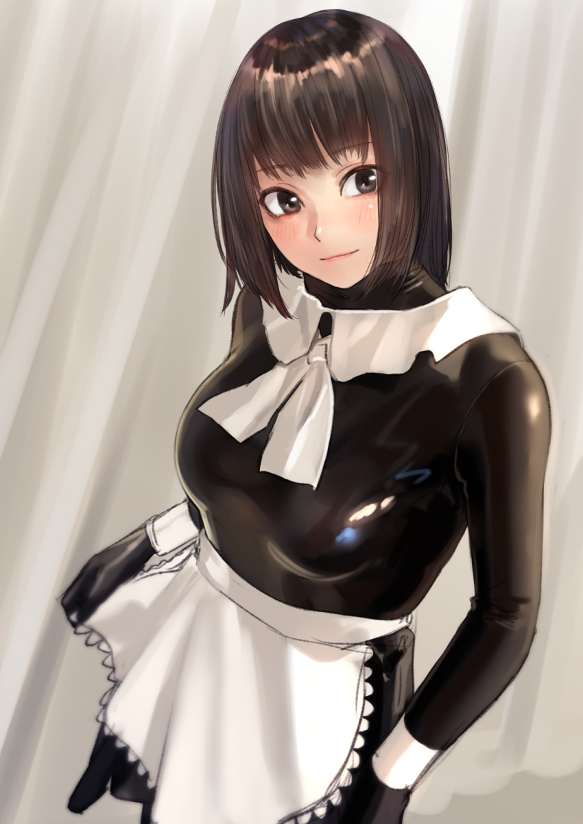 1girl apron blush bob_cut breasts brown_eyes brown_hair closed_mouth eyebrows_visible_through_hair highres kilye_4421 large_breasts latex_bodysuit light_smile looking_at_viewer maid_apron original short_hair solo