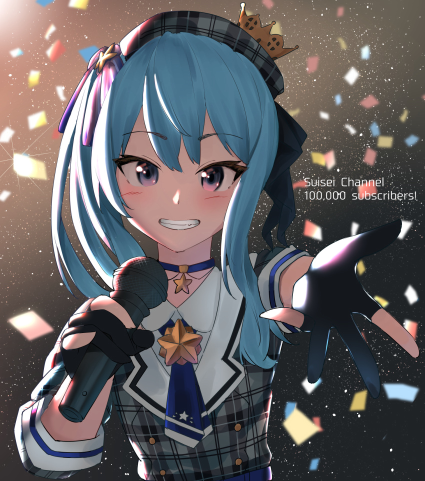 1girl black_gloves blue_hair blush buttons choker confetti crown eyebrows_visible_through_hair gloves hat highres holding holding_microphone hololive hoshimachi_suisei looking_at_viewer microphone partly_fingerless_gloves solo star suisei_channel teeth uta_(mskmkt3822) virtual_youtuber youtube_username
