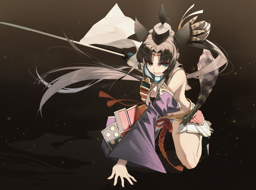 1girl absurdres armor bangs bare_shoulders black_background black_hair blue_eyes breast_curtains breasts detached_sleeves fate/grand_order fate_(series) feathers hair_feathers highres japanese_armor katana kusazuri long_hair medium_breasts mismatched_sleeves open_mouth parted_bangs pointing pointing_at_viewer pro-p side_ponytail simple_background solo sword ushiwakamaru_(fate/grand_order) very_long_hair weapon wide_sleeves