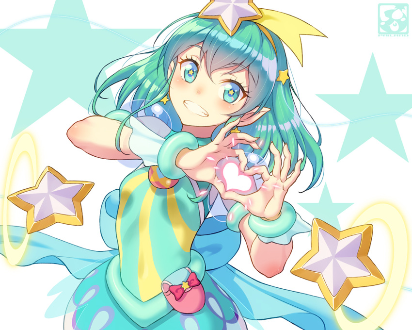 1girl aqua_eyes aqua_hair bracelet commentary_request cure_milky grin hair_between_eyes hair_ornament heart heart_hands jewelry long_hair looking_at_viewer pairan pointy_ears precure smile solo star star-shaped_pupils star_twinkle_precure symbol-shaped_pupils